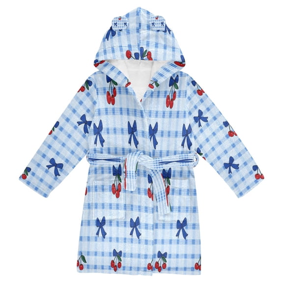 RMDQTR Hooded Fleece Bathrobe with Removable Belt and Pockets Soft and Absorbent for Home, Pool, Beach, Halloween, and Christmas Wear Cherry and Blue Bows