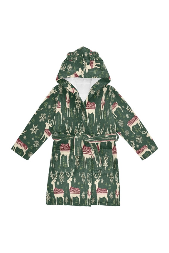 Hooded Fleece Bathrobe with Removable Belt and Pockets Soft and Absorbent for Home, Pool, Beach, Halloween, and Christmas Wear Christmas Style Deers