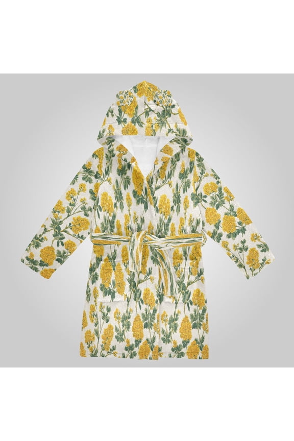 Hooded Fleece Bathrobe with Removable Belt and Pockets Soft and Absorbent for Home, Pool, Beach, Halloween, and Christmas Wear Classic Yellow Bloom Print