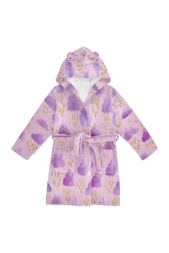 Hooded Fleece Bathrobe with Removable Belt and Pockets Soft and Absorbent for Home, Pool, Beach, Halloween, and Christmas Wear Clouds and Raindrops