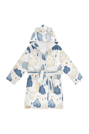 Hooded Fleece Bathrobe with Removable Belt and Pockets Soft and Absorbent for Home, Pool, Beach, Halloween, and Christmas Wear Clouds and Stars