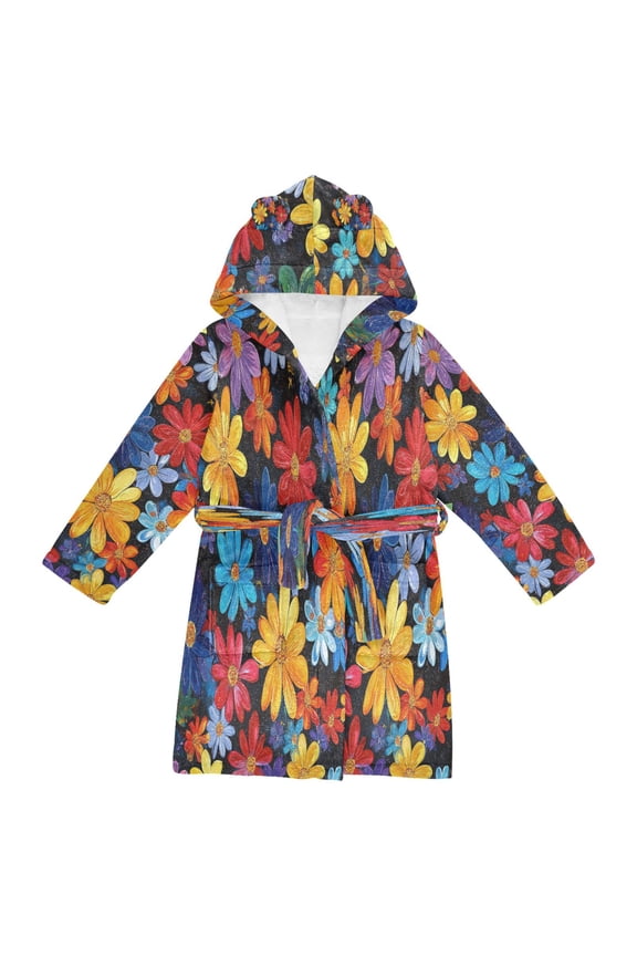Hooded Fleece Bathrobe with Removable Belt and Pockets Soft and Absorbent for Home, Pool, Beach, Halloween, and Christmas Wear Colorful Blooming Flowers Painting