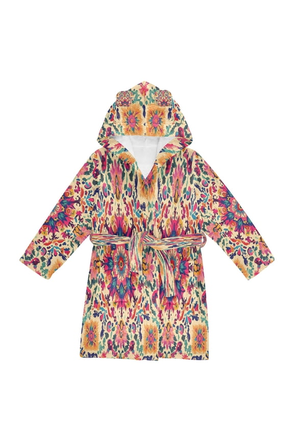 Hooded Fleece Bathrobe with Removable Belt and Pockets Soft and Absorbent for Home, Pool, Beach, Halloween, and Christmas Wear Colorful Boho Style Pattern