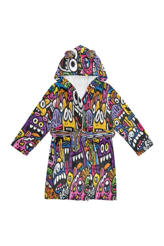 Hooded Fleece Bathrobe with Removable Belt and Pockets Soft and Absorbent for Home, Pool, Beach, Halloween, and Christmas Wear Colorful Cartoon Monsters