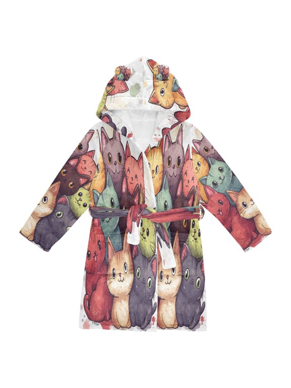 Hooded Fleece Bathrobe with Removable Belt and Pockets Soft and Absorbent for Home, Pool, Beach, Halloween, and Christmas Wear Colorful Comic Style Cats