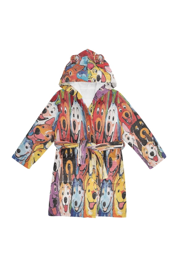 Hooded Fleece Bathrobe with Removable Belt and Pockets Soft and Absorbent for Home, Pool, Beach, Halloween, and Christmas Wear Colorful Comic Style Dogs