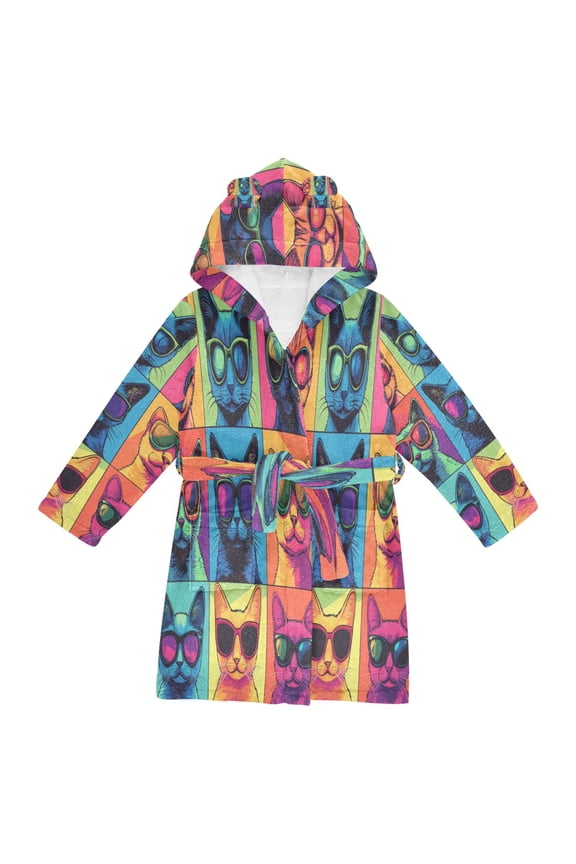 Hooded Fleece Bathrobe with Removable Belt and Pockets Soft and Absorbent for Home, Pool, Beach, Halloween, and Christmas Wear Colorful Cyberpunk Cats