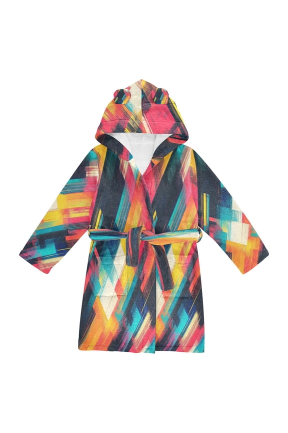 Hooded Fleece Bathrobe with Removable Belt and Pockets Soft and Absorbent for Home, Pool, Beach, Halloween, and Christmas Wear Colorful Geometric Shapes