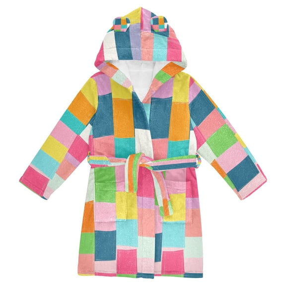 RMDQTR Hooded Fleece Bathrobe with Removable Belt and Pockets Soft and Absorbent for Home, Pool, Beach, Halloween, and Christmas Wear Colorful Squares