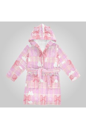 Hooded Fleece Bathrobe with Removable Belt and Pockets Soft and Absorbent for Home, Pool, Beach, Halloween, and Christmas Wear Coquette Pink Bow Cloud Plaid