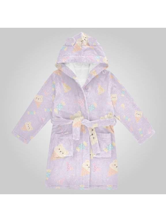 Hooded Fleece Bathrobe with Removable Belt and Pockets Soft and Absorbent for Home, Pool, Beach, Halloween, and Christmas Wear Cute Bear Ice Cream Pattern