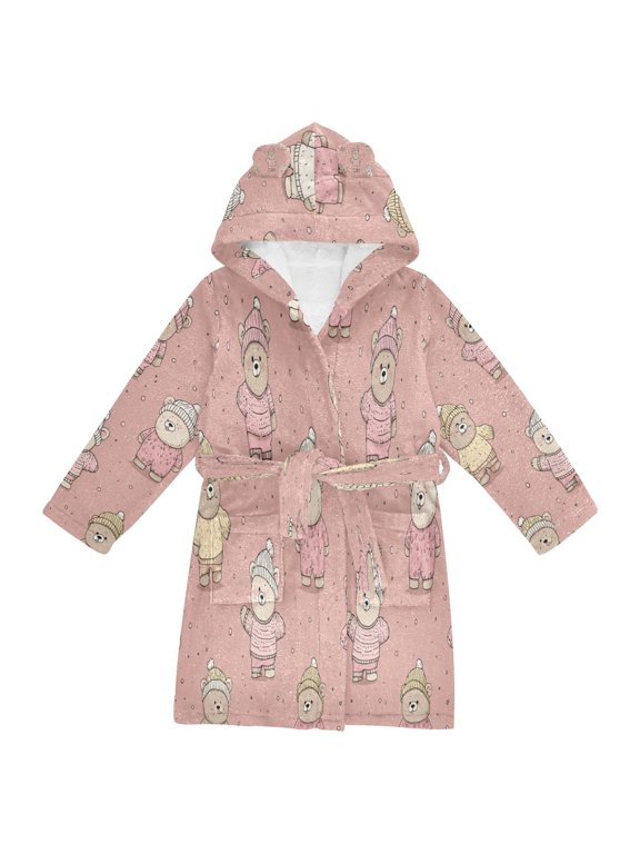 Hooded Fleece Bathrobe with Removable Belt and Pockets Soft and Absorbent for Home, Pool, Beach, Halloween, and Christmas Wear Cute Bear Pattern