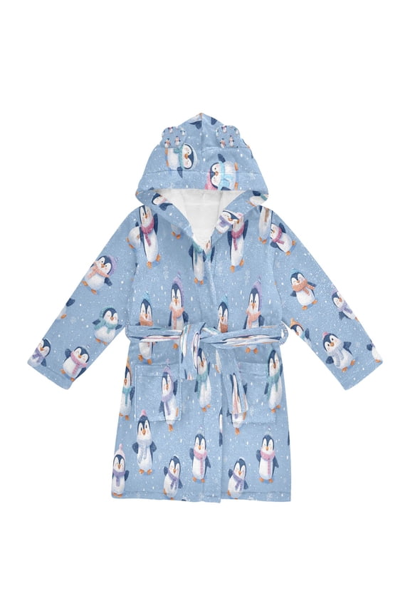 Hooded Fleece Bathrobe with Removable Belt and Pockets Soft and Absorbent for Home, Pool, Beach, Halloween, and Christmas Wear Cute Cartoon Penguins