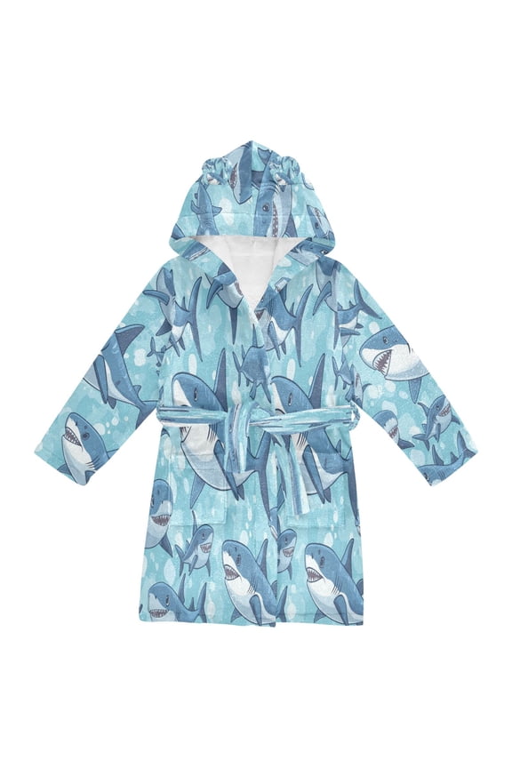 Hooded Fleece Bathrobe with Removable Belt and Pockets Soft and Absorbent for Home, Pool, Beach, Halloween, and Christmas Wear Cute Cartoon Sharks