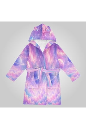Hooded Fleece Bathrobe with Removable Belt and Pockets Soft and Absorbent for Home, Pool, Beach, Halloween, and Christmas Wear Cute Cosmic Planets Clouds