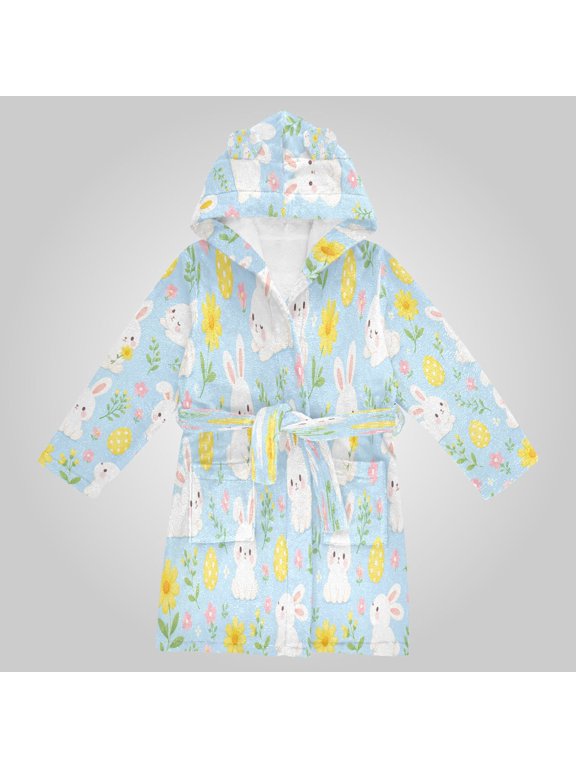 Hooded Fleece Bathrobe with Removable Belt and Pockets Soft and Absorbent for Home, Pool, Beach, Halloween, and Christmas Wear Cute Easter Bunny Graphic