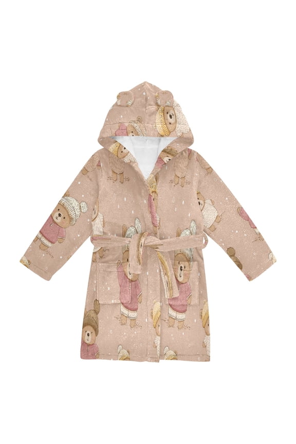Hooded Fleece Bathrobe with Removable Belt and Pockets Soft and Absorbent for Home, Pool, Beach, Halloween, and Christmas Wear Cute Light Pink Bear