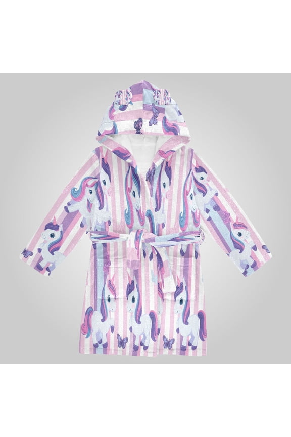 Hooded Fleece Bathrobe with Removable Belt and Pockets Soft and Absorbent for Home, Pool, Beach, Halloween, and Christmas Wear Cute Pastel Unicorn Stripe