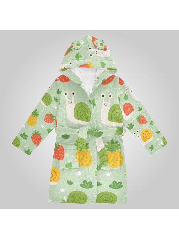 Hooded Fleece Bathrobe with Removable Belt and Pockets Soft and Absorbent for Home, Pool, Beach, Halloween, and Christmas Wear Cute Snail Fruit Pattern