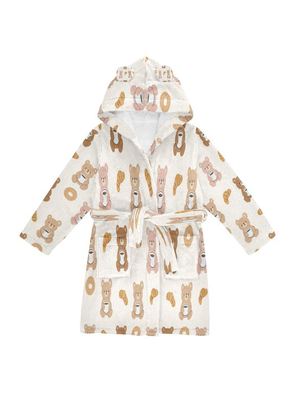 Hooded Fleece Bathrobe with Removable Belt and Pockets Soft and Absorbent for Home, Pool, Beach, Halloween, and Christmas Wear Cute Teddy Bear Pattern