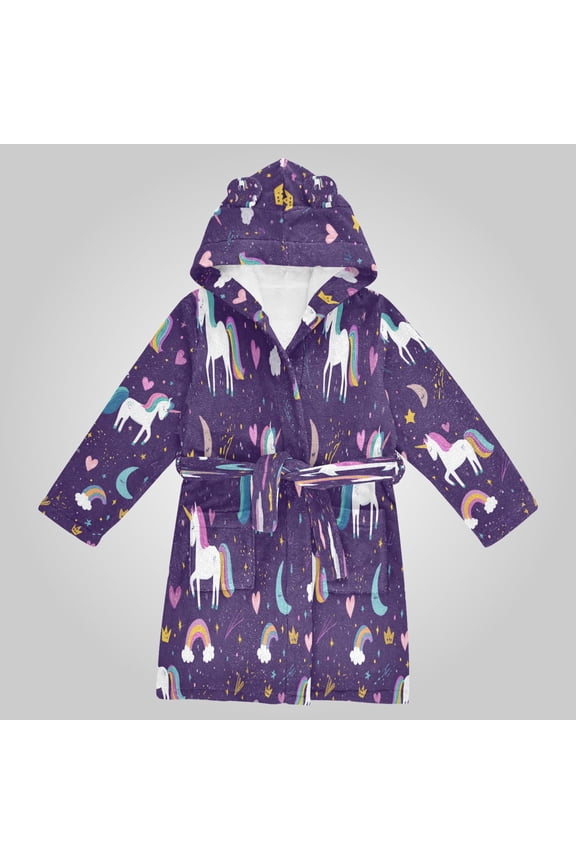 Hooded Fleece Bathrobe with Removable Belt and Pockets Soft and Absorbent for Home, Pool, Beach, Halloween, and Christmas Wear Dark Purple Unicorn Print