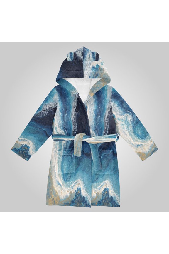 Hooded Fleece Bathrobe with Removable Belt and Pockets Soft and Absorbent for Home, Pool, Beach, Halloween, and Christmas Wear Deep Blue Gilded Surf