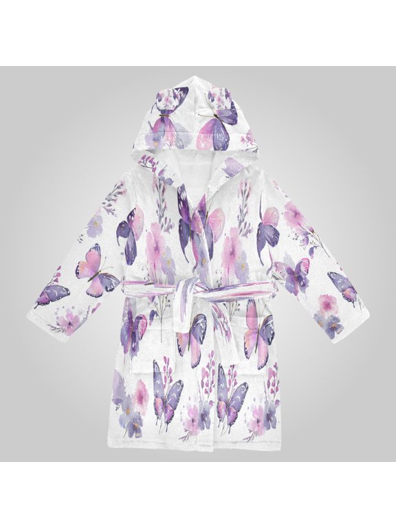 Hooded Fleece Bathrobe with Removable Belt and Pockets Soft and Absorbent for Home, Pool, Beach, Halloween, and Christmas Wear Delicate Purple Butterfly Blooms