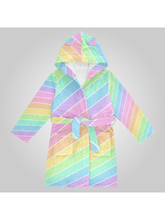 Hooded Fleece Bathrobe with Removable Belt and Pockets Soft and Absorbent for Home, Pool, Beach, Halloween, and Christmas Wear Delicate Rainbow Stripes