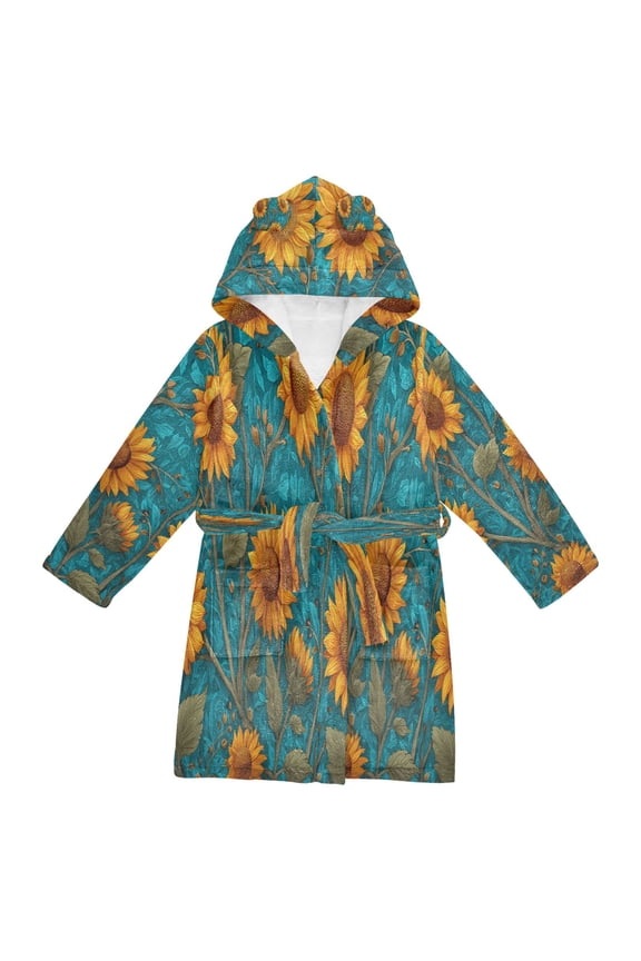 Hooded Fleece Bathrobe with Removable Belt and Pockets Soft and Absorbent for Home, Pool, Beach, Halloween, and Christmas Wear Detailed Sunflowers
