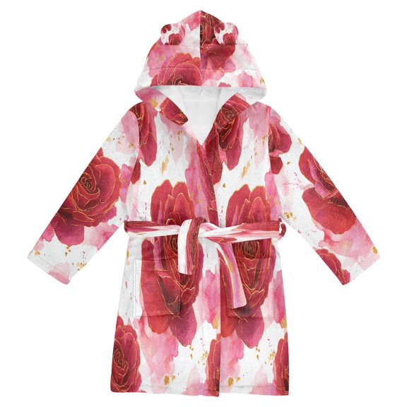 RMDQTR Hooded Fleece Bathrobe with Removable Belt and Pockets Soft and Absorbent for Home, Pool, Beach, Halloween, and Christmas Wear Digital Art Red Roses Pattern