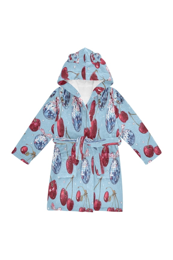 Hooded Fleece Bathrobe with Removable Belt and Pockets Soft and Absorbent for Home, Pool, Beach, Halloween, and Christmas Wear Disco Balls with Cherries