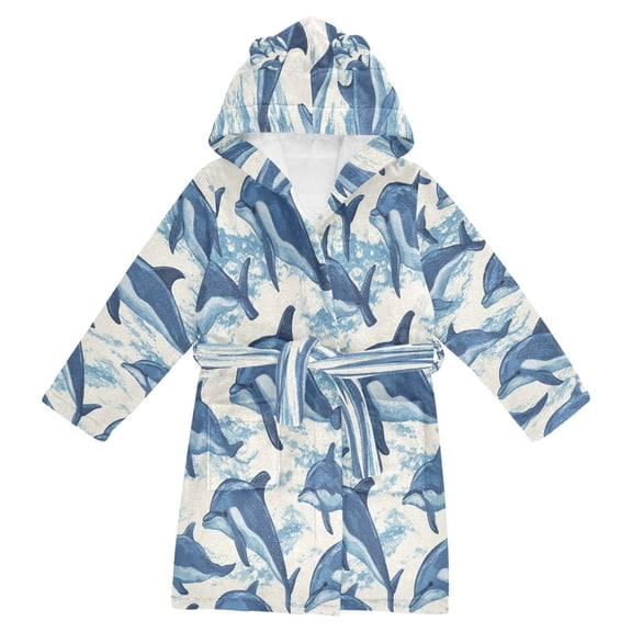 RMDQTR Hooded Fleece Bathrobe with Removable Belt and Pockets Soft and Absorbent for Home, Pool, Beach, Halloween, and Christmas Wear Dolphins Swimming