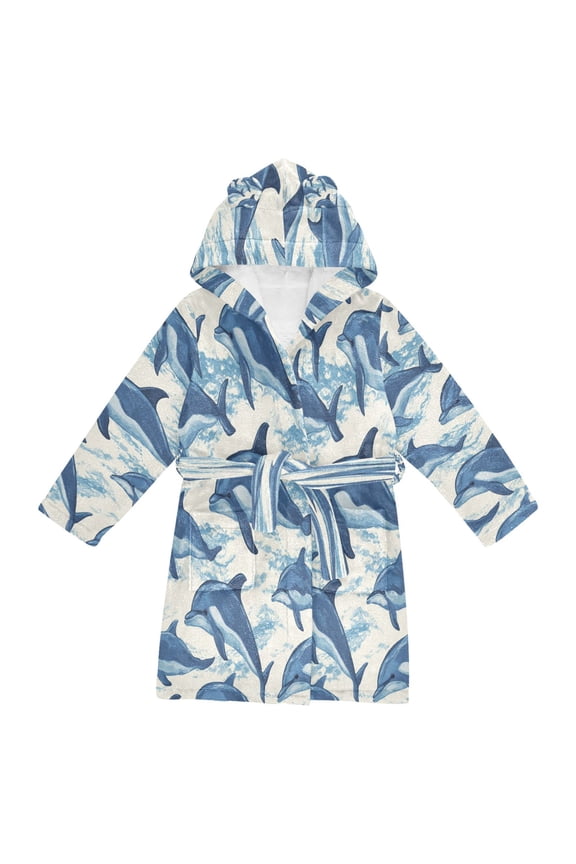 Hooded Fleece Bathrobe with Removable Belt and Pockets Soft and Absorbent for Home, Pool, Beach, Halloween, and Christmas Wear Dolphins Swimming