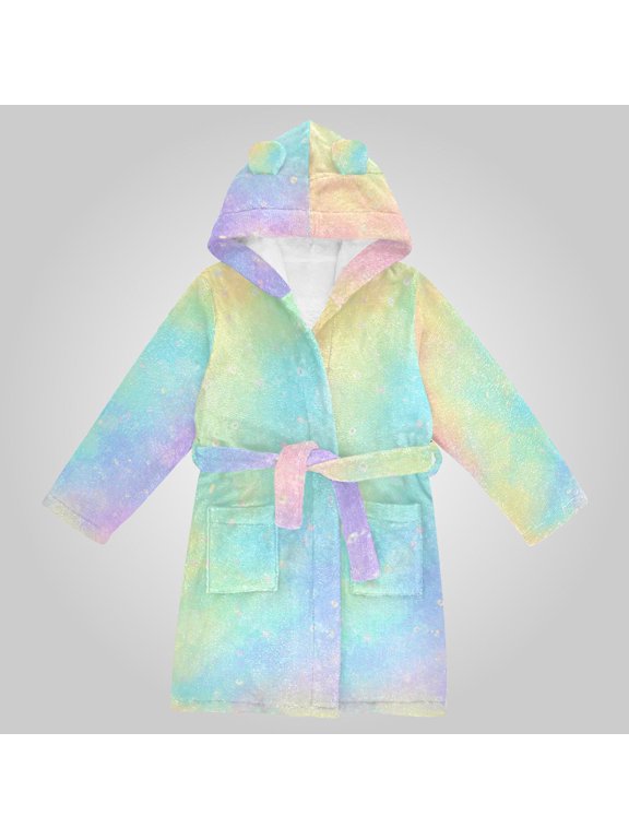 Hooded Fleece Bathrobe with Removable Belt and Pockets Soft and Absorbent for Home, Pool, Beach, Halloween, and Christmas Wear Dreamy Pastel Rainbow Sparkle