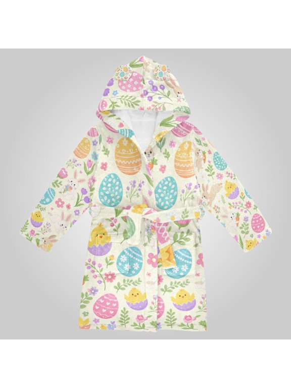 Hooded Fleece Bathrobe with Removable Belt and Pockets Soft and Absorbent for Home, Pool, Beach, Halloween, and Christmas Wear Easter Bunny Egg Floral Pattern