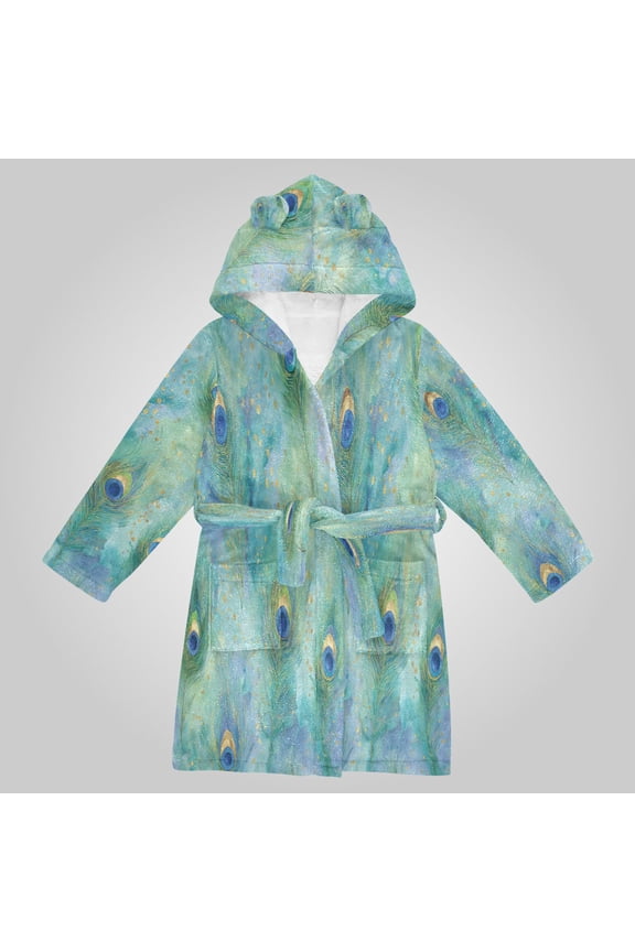 Hooded Fleece Bathrobe with Removable Belt and Pockets Soft and Absorbent for Home, Pool, Beach, Halloween, and Christmas Wear Elegant Peacock Feather Pattern