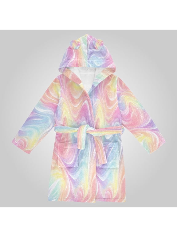 Hooded Fleece Bathrobe with Removable Belt and Pockets Soft and Absorbent for Home, Pool, Beach, Halloween, and Christmas Wear Ethereal Rainbow Swirl
