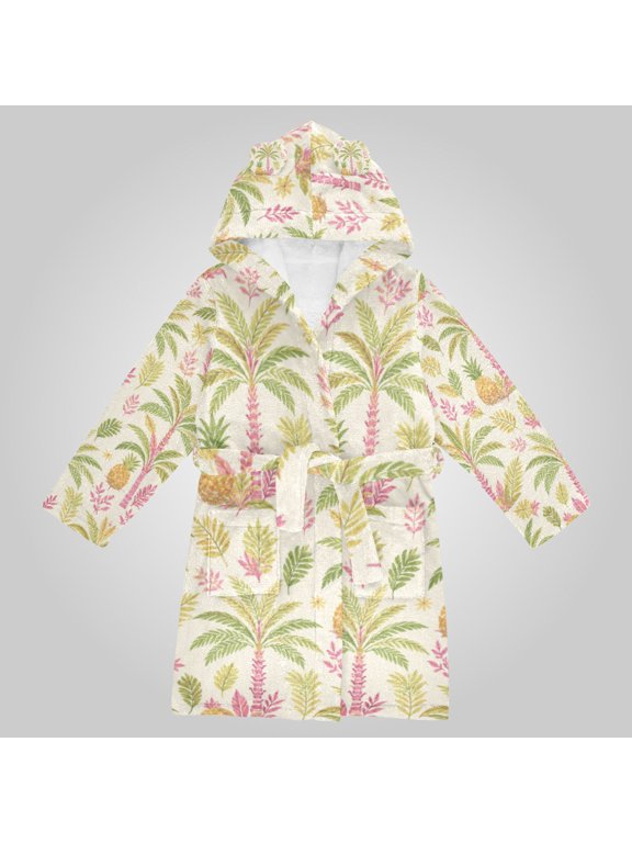 Hooded Fleece Bathrobe with Removable Belt and Pockets Soft and Absorbent for Home, Pool, Beach, Halloween, and Christmas Wear Exotic Pineapple Pattern