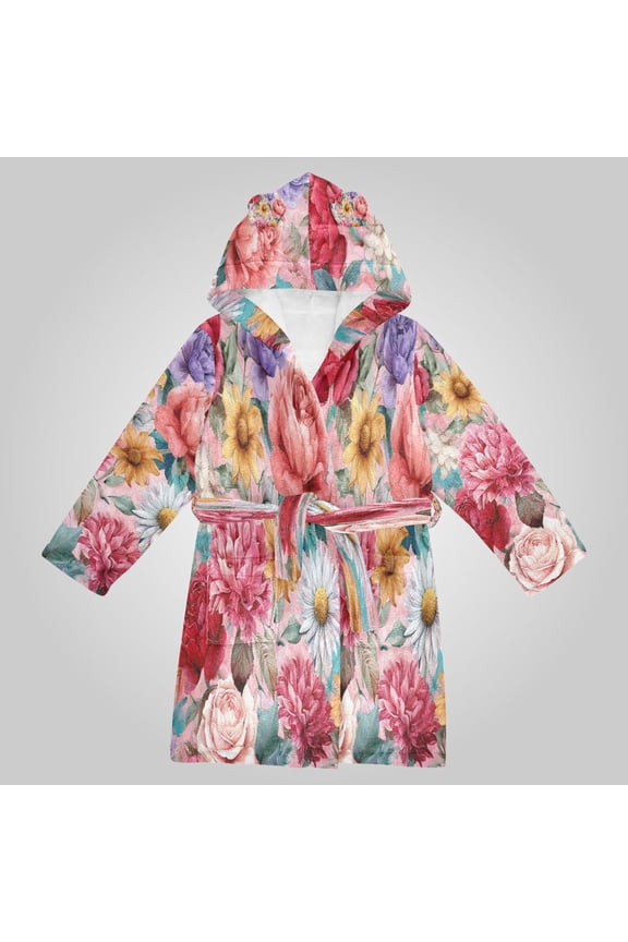 Hooded Fleece Bathrobe with Removable Belt and Pockets Soft and Absorbent for Home, Pool, Beach, Halloween, and Christmas Wear Fantasy Art Floral Pattern