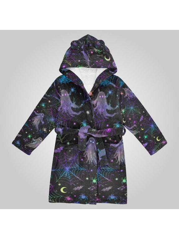 Hooded Fleece Bathrobe with Removable Belt and Pockets Soft and Absorbent for Home, Pool, Beach, Halloween, and Christmas Wear Fantasy Ghost Web Pattern