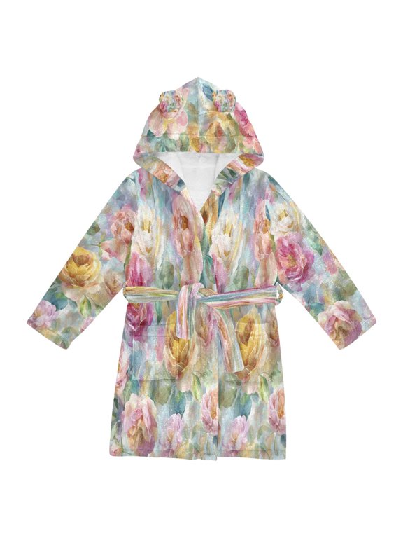 Hooded Fleece Bathrobe with Removable Belt and Pockets Soft and Absorbent for Home, Pool, Beach, Halloween, and Christmas Wear Fantasy Peonies and Roses