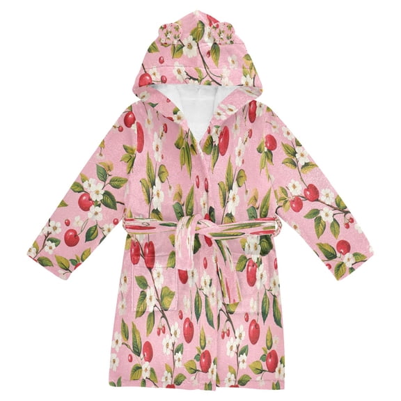 RMDQTR Hooded Fleece Bathrobe with Removable Belt and Pockets Soft and Absorbent for Home, Pool, Beach, Halloween, and Christmas Wear Flowers with Cherry
