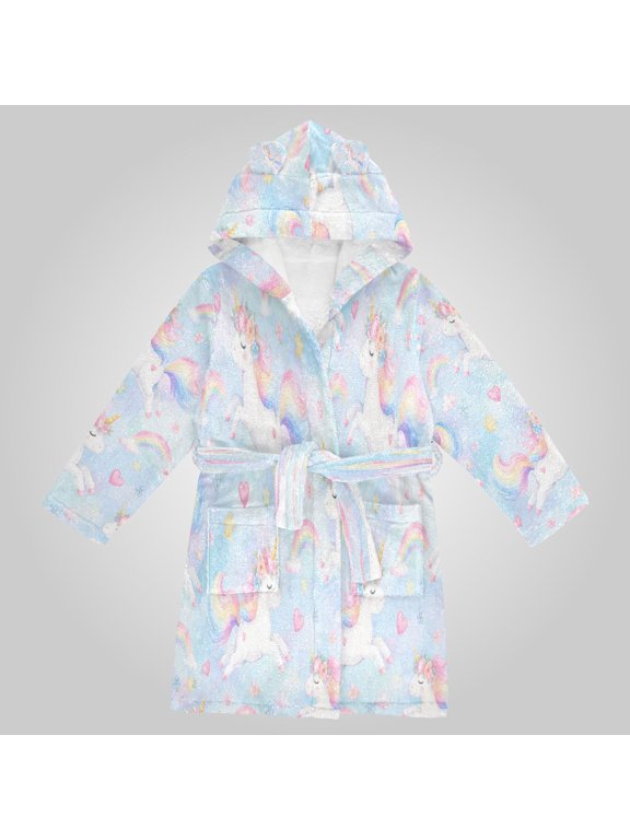 Hooded Fleece Bathrobe with Removable Belt and Pockets Soft and Absorbent for Home, Pool, Beach, Halloween, and Christmas Wear Flying Unicorn Rainbow Graphic