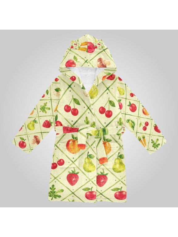 Hooded Fleece Bathrobe with Removable Belt and Pockets Soft and Absorbent for Home, Pool, Beach, Halloween, and Christmas Wear Fruit Vegetable Garden Pattern