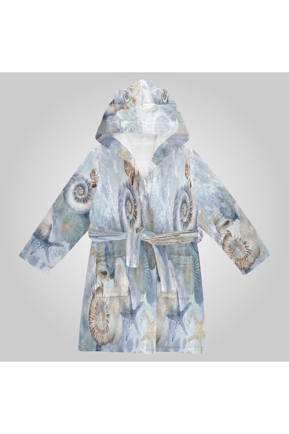 Hooded Fleece Bathrobe with Removable Belt and Pockets Soft and Absorbent for Home, Pool, Beach, Halloween, and Christmas Wear Gilded Coastal Fossil Watercolor