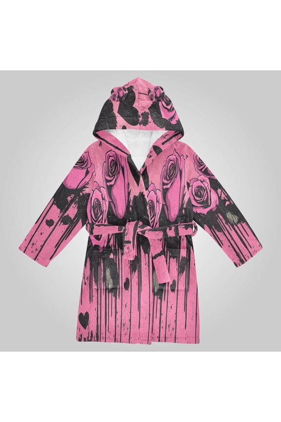 Hooded Fleece Bathrobe with Removable Belt and Pockets Soft and Absorbent for Home, Pool, Beach, Halloween, and Christmas Wear Gothic Pink Roses Graffiti