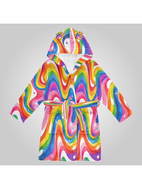 Hooded Fleece Bathrobe with Removable Belt and Pockets Soft and Absorbent for Home, Pool, Beach, Halloween, and Christmas Wear Groovy Rainbow Swirl Pattern