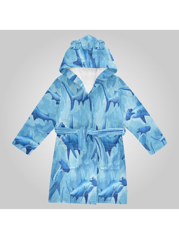 Hooded Fleece Bathrobe with Removable Belt and Pockets Soft and Absorbent for Home, Pool, Beach, Halloween, and Christmas Wear Hammerhead Shark Pattern