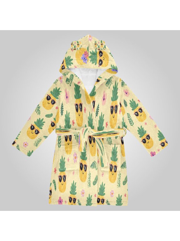 Hooded Fleece Bathrobe with Removable Belt and Pockets Soft and Absorbent for Home, Pool, Beach, Halloween, and Christmas Wear Happy Pineapple Summer