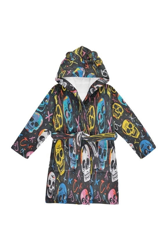 Hooded Fleece Bathrobe with Removable Belt and Pockets Soft and Absorbent for Home, Pool, Beach, Halloween, and Christmas Wear Happy Skull Pattern